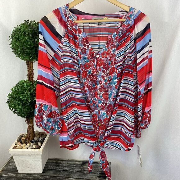 Anthropologie Figuroa & Flowers Floral & Stripes Long Sleeve Tie Waist Top New L - Picture 2 of 5